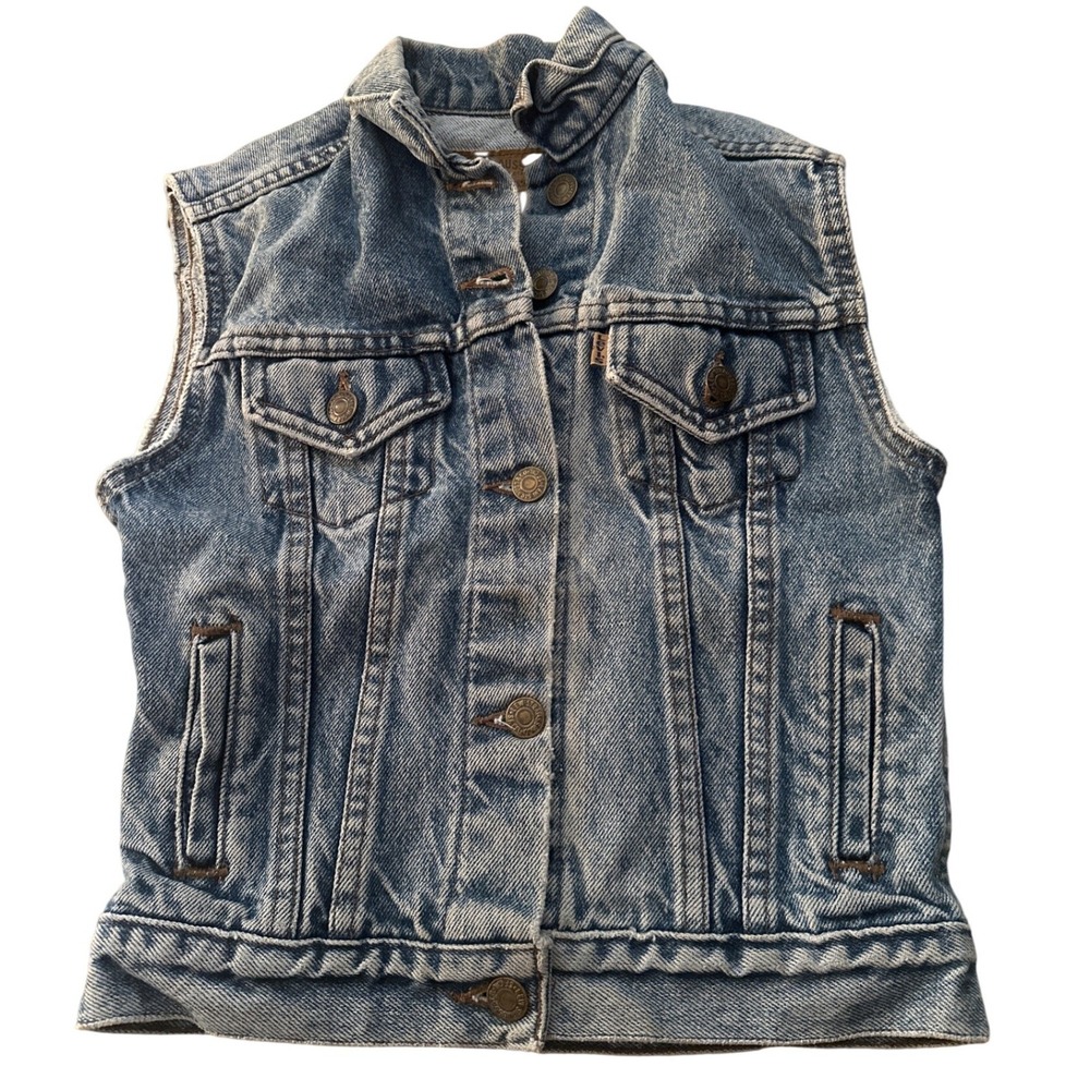 Vintage Kids Levis Denim Trucker jean Vest medium Wash Orange Sleeveless Jacket